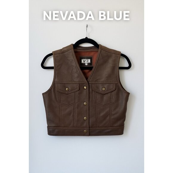 Vintage Nevada Blue Brown Leather Vest Size M Made in Korea Snap Button Western - Picture 1 of 5